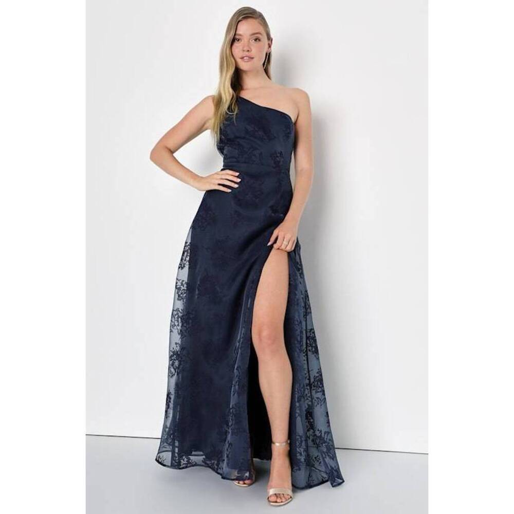 Lulus Dreamy Romantic Navy Blue Burnout Floral One-shoulder Maxi Dress - Size S